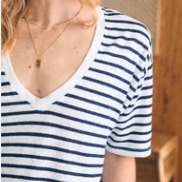 Faherty Womens Medium Linen V-Neck Tee Short Navy Blue White Stripe Short Sleeve - Picture 7 of 7